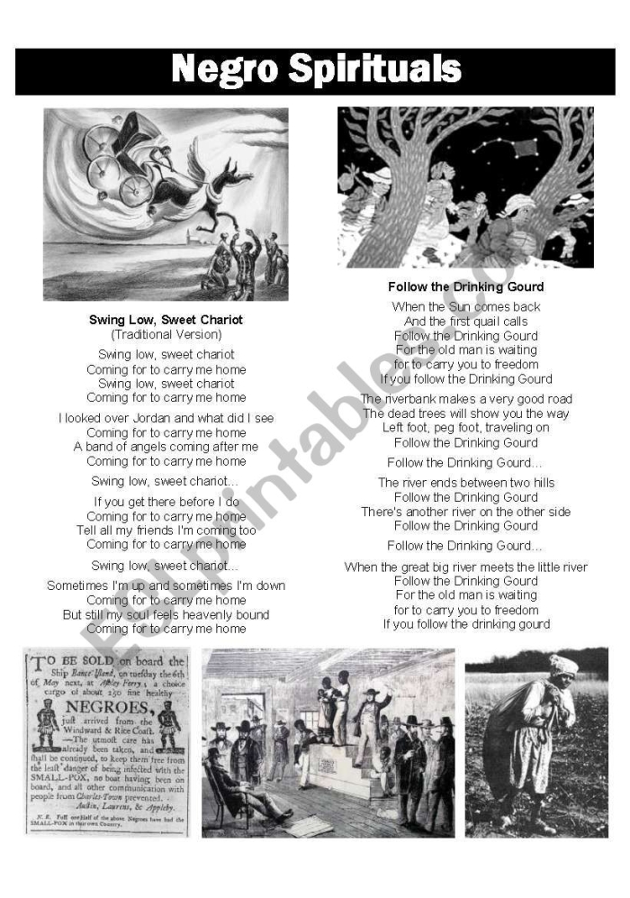 History worksheet for Fourth Grade Children engaging with a worksheet on the history of African American spirituals. Educational resource for fourth graders exploring cultural heritage and history.
