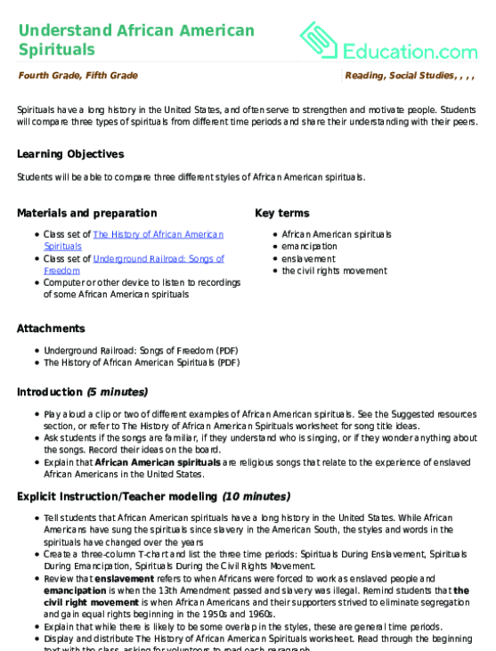 History worksheet for Fourth Grade Children engaging with a worksheet on the History of African American Spirituals, exploring significant cultural themes. Educational resource highlighting the role of spirituals from enslavement to the civil rights era.