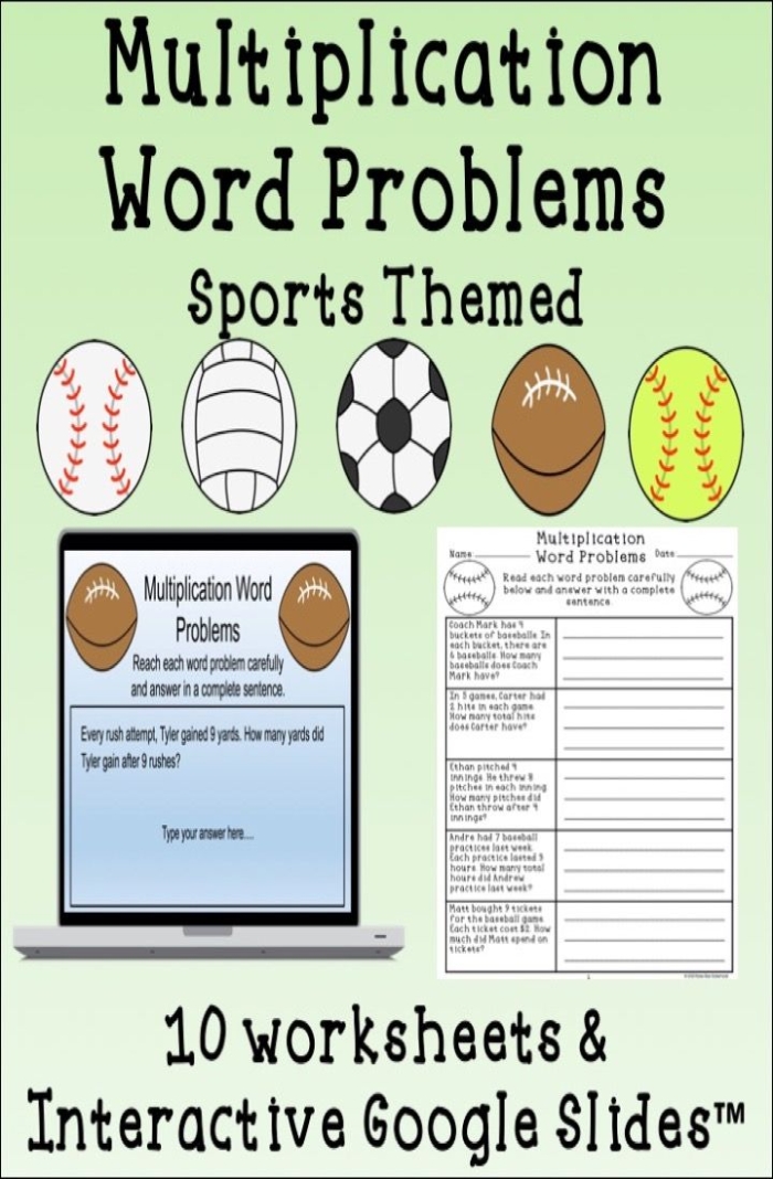 Sports math word problems worksheet for fourth graders featuring various athletic scenarios