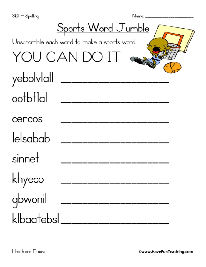 Fourth grade student solving sports themed math word problems on a worksheet