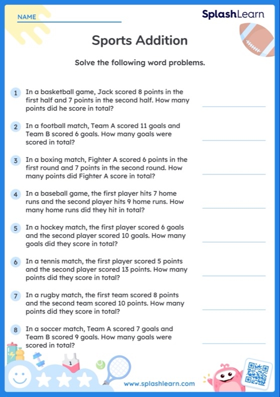 Sports math word problems worksheet for fourth graders featuring various athletic scenarios