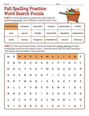 Fourth grade students practicing spelling with a seasonal spring-themed word search puzzle sheet