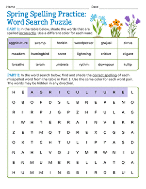 Spring Spelling Practice Word Search Puzzle worksheet for fourth grade students