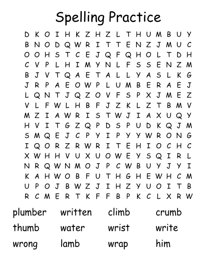 Fourth grade student working on a Spring Spelling Practice word search puzzle worksheet