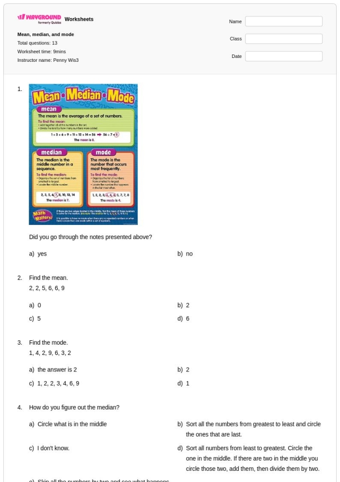 Engaging math activity to enhance basic statistics skills Worksheet for calculating the mean, median, and mode for fourth graders
