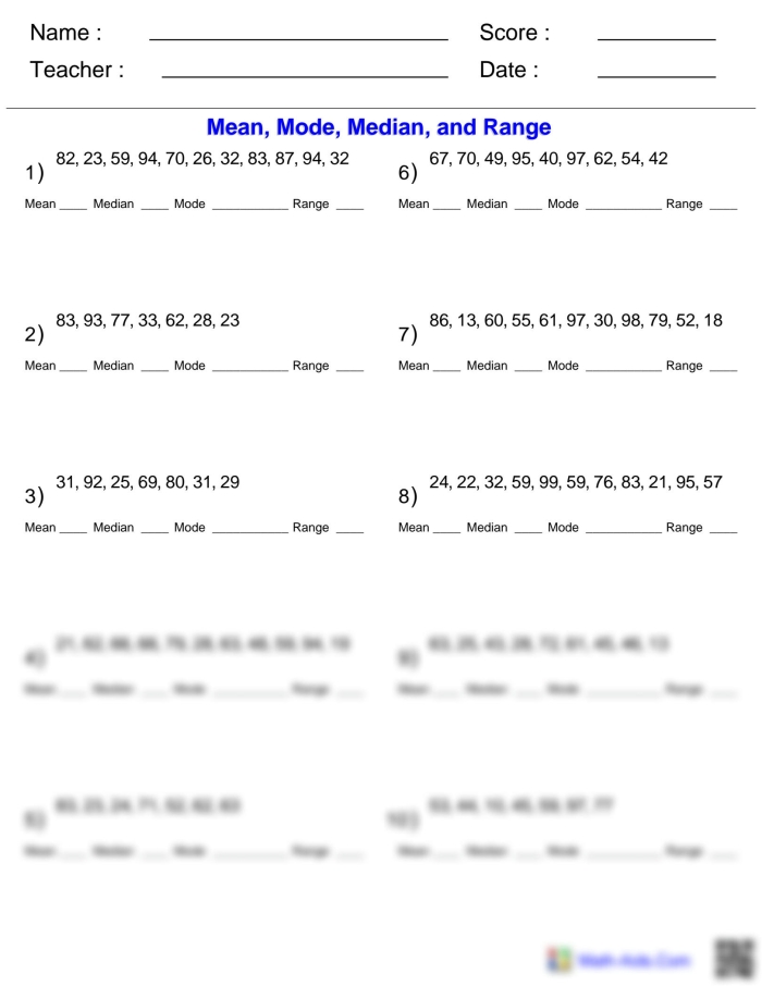 Engaging math exercise for learning basic statistics concepts Worksheet for fourth graders to find the mean, median, and mode of a set of numbers