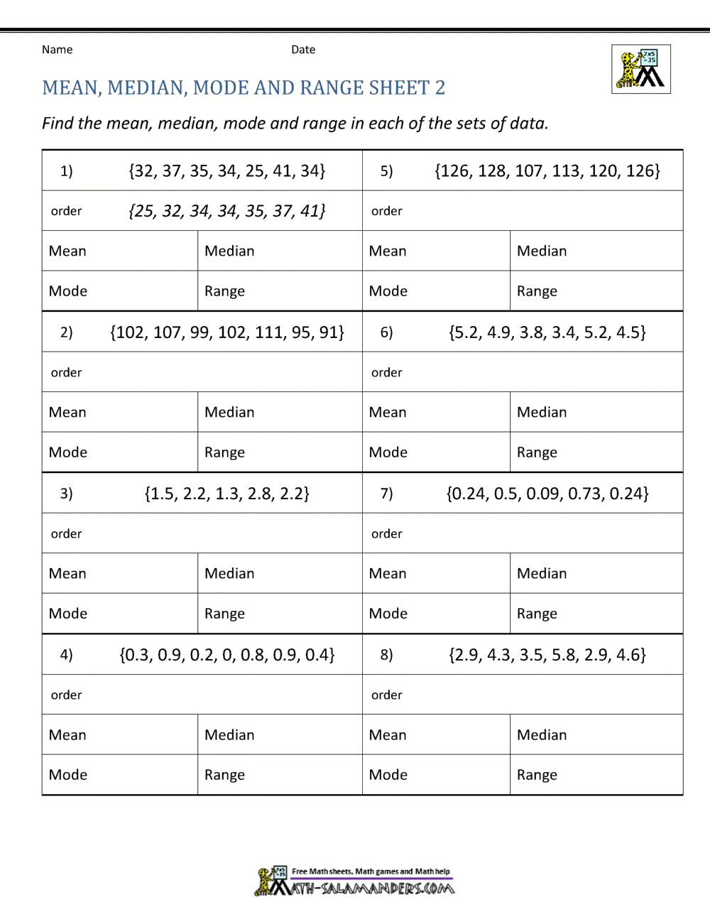 Educational resource for practicing statistics skills in math class Worksheet for calculating the mean, median, and mode for fourth-grade students