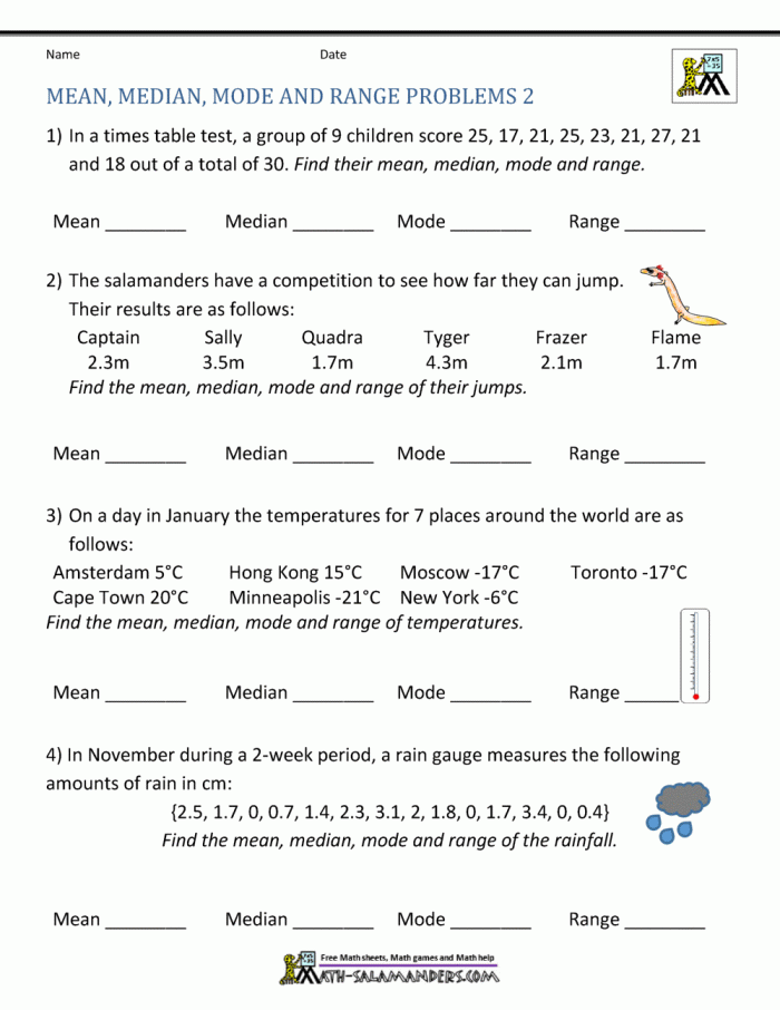 Educational resource to help kids master basic statistics concepts Worksheet for finding the mean, median, and mode designed for fourth grade students