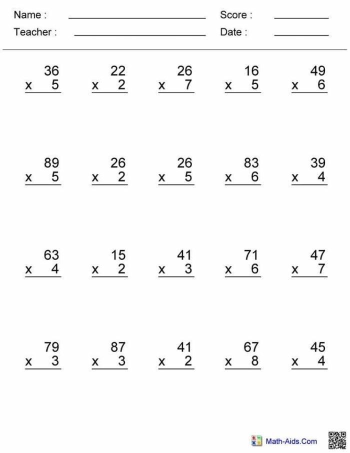 Two-Digit Multiplication Practice Worksheet for Fourth Grade Number Six Fourth grade student working on a double-digit multiplication worksheet with space to show long multiplication steps