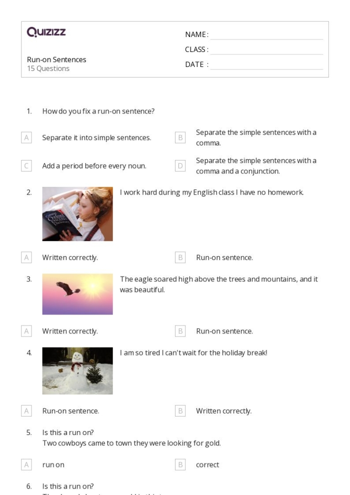 A student working on a geography themed worksheet to fix run-on sentences in a fourth grade classroom