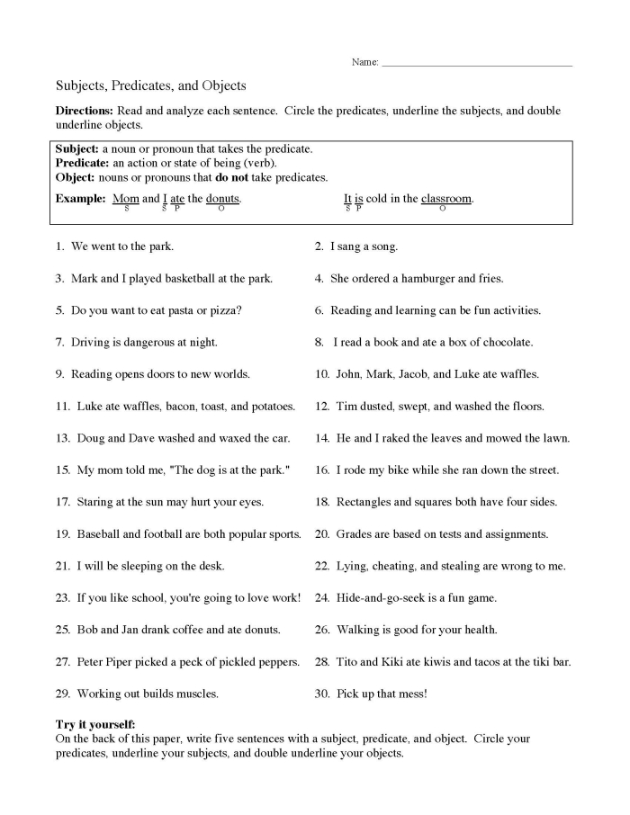 Identifying Subjects and Predicates Worksheet 22 for Fourth Grade English Learners Fourth grade students completing a grammar exercise on identifying subjects and predicates in sentences