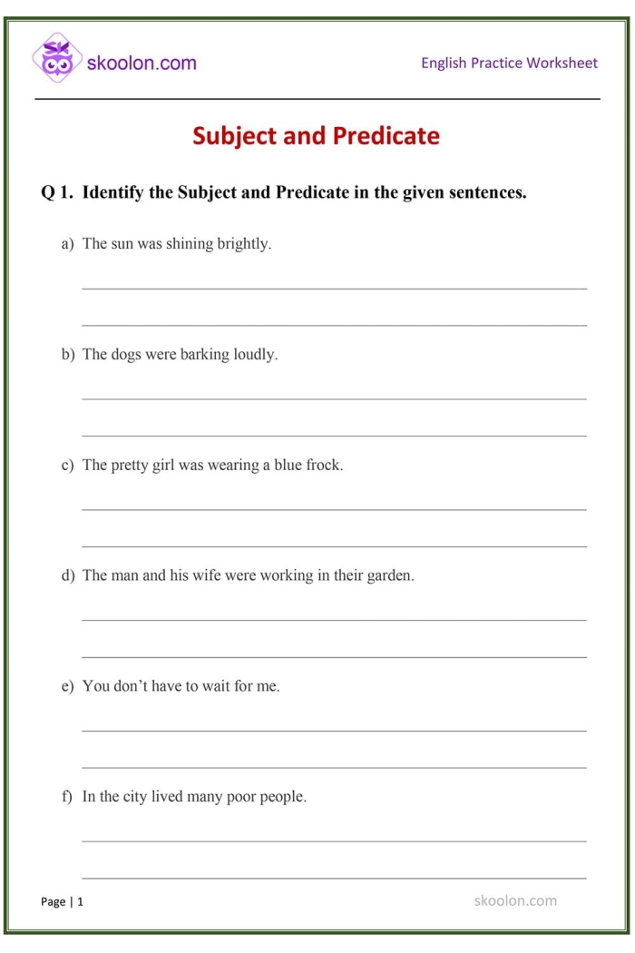 Identifying Subjects and Predicates Grammar Worksheet 23 Fourth grade worksheet focusing on identifying subjects and predicates in sentences