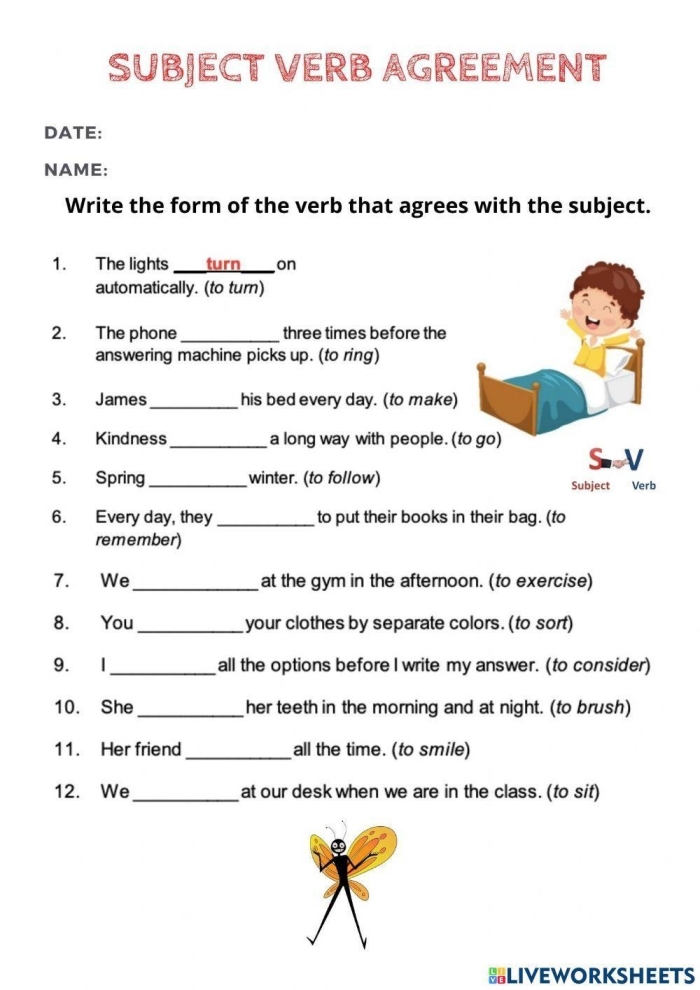 Fourth grade students working on a Noun and Verb Agreement worksheet