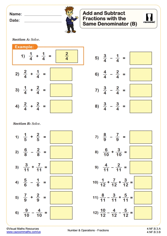 Subtracting Fractions with Same Denominators Worksheet for Grade 4 Lesson 20 A fourth grade worksheet page showing math problems on subtracting fractions with like denominators