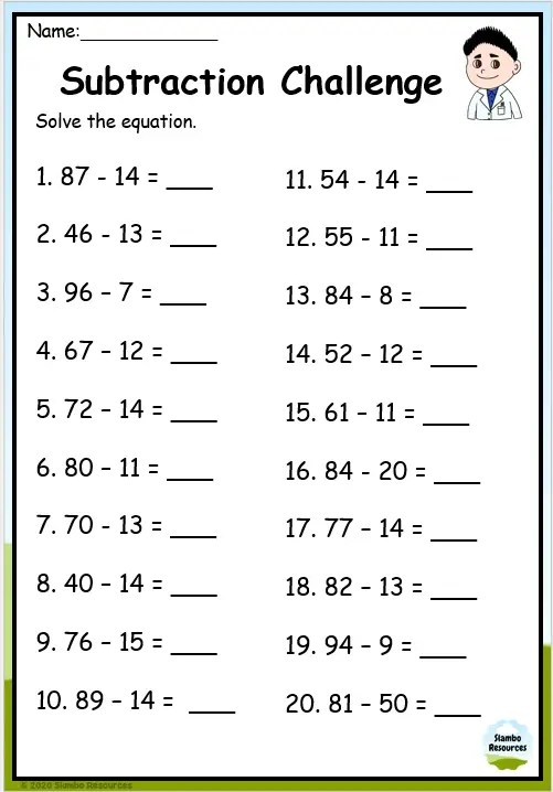 Fourth graders working on a subtraction worksheet featuring multi-digit problems