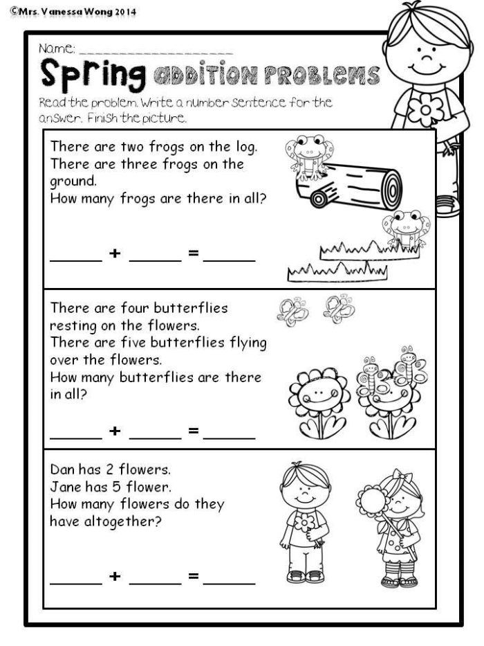 Colorful Spring Word Problems worksheet focusing on subtraction for fourth graders