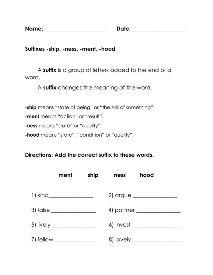 Fourth grade student learning to identify and create words with common suffixes on an educational worksheet