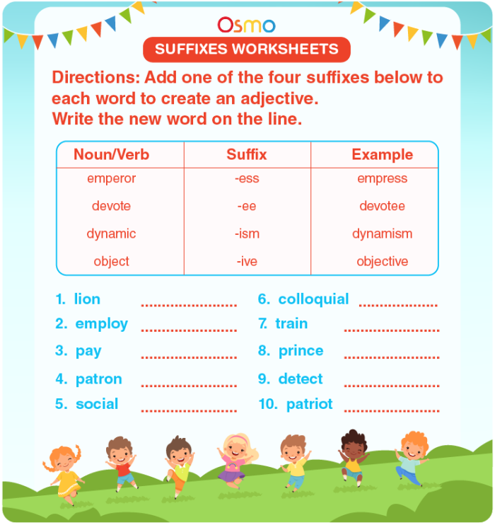 Fourth grade vocabulary worksheet showing suffix examples and exercises for building words with common suffixes like -ness, -ful, and -less