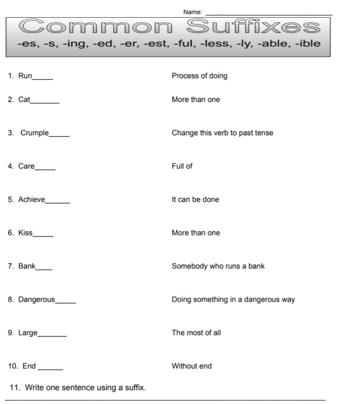 Fourth grade Spanish worksheet for identifying and defining suffixes in sentences