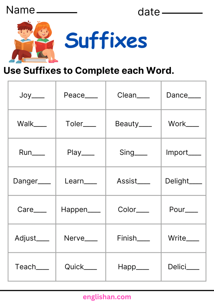 Fourth grade Spanish suffix practice worksheet with sentences for identifying and defining suffixes