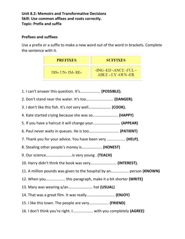 Fourth grade Spanish worksheet for identifying and defining word suffixes