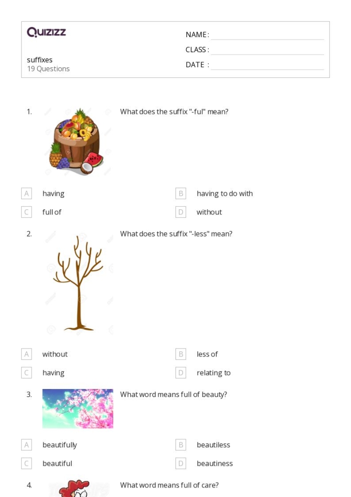 Fourth grade vocabulary worksheet focused on identifying and building words with common suffixes
