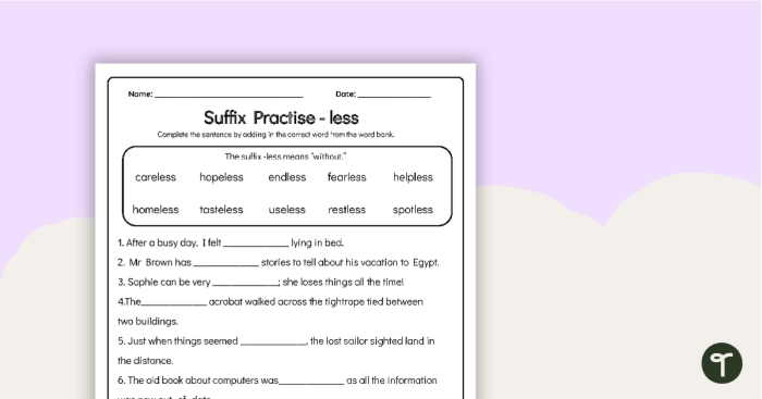 Fourth grade vocabulary worksheet showing suffix examples and exercises for building words with common suffixes