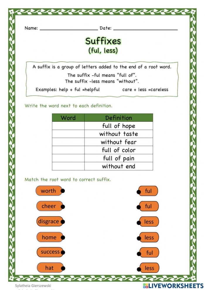 Fourth grade suffixes vocabulary worksheet with exercises to identify and build words