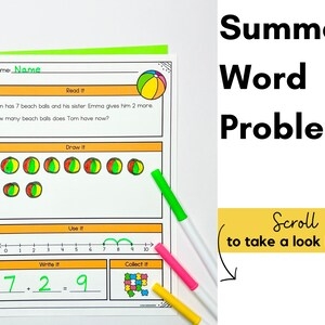Colorful illustration of summer-themed math word problems designed for 4th grade students Summer Word Problems worksheet featuring engaging math challenges for fourth graders