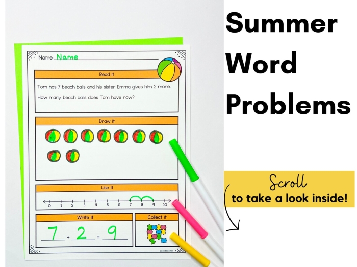 Summer Word Problems Worksheet for Fourth Grade Reading Practice Fourth grade student solving engaging summer themed math word problems on a worksheet