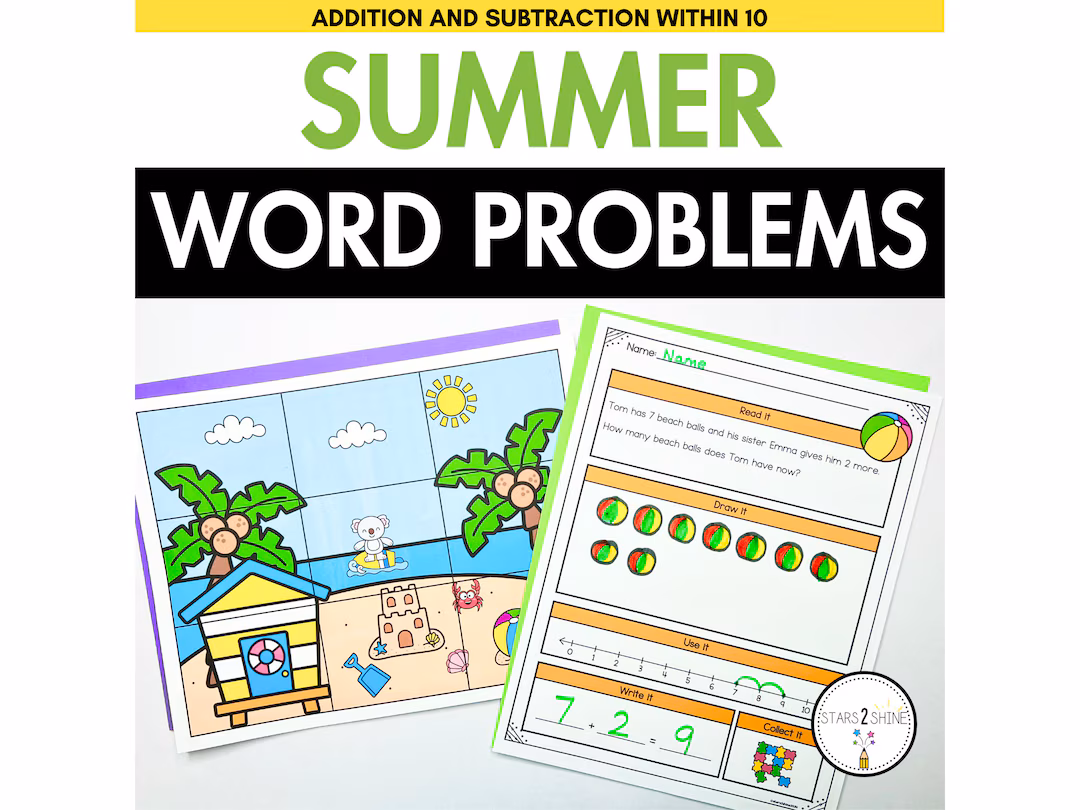 Engaging summer math word problems worksheet for students in fourth grade Colorful summer-themed worksheet featuring math word problems for fourth graders