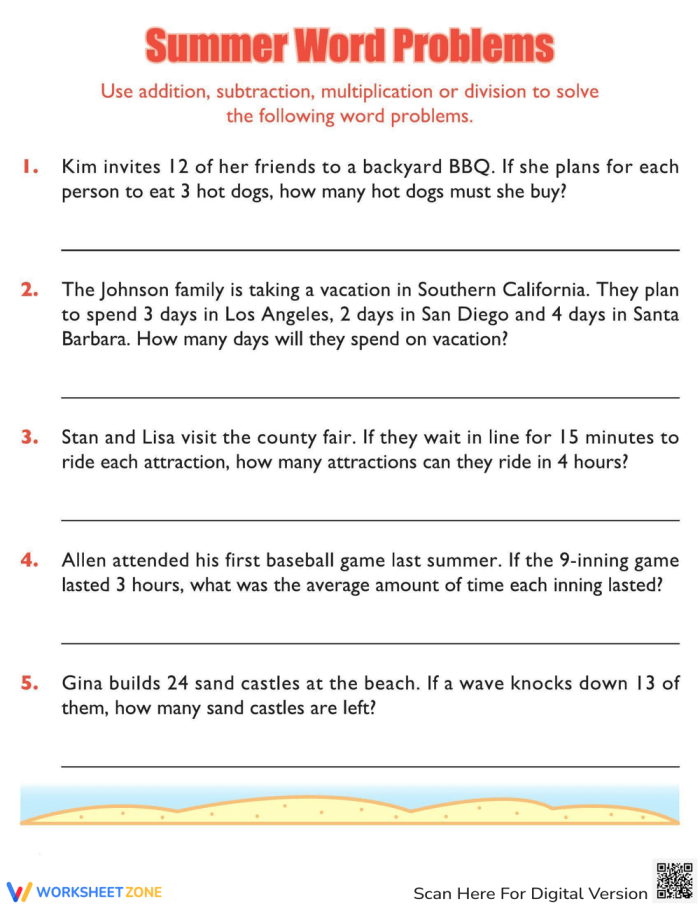 Engaging summer-themed word problems to boost your child's math skills Summer math word problems worksheet for fourth graders featuring fun scenarios
