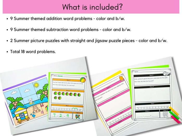 Fun summer-themed math challenges for fourth graders to solve Fourth grade summer math word problems worksheet featuring engaging scenarios