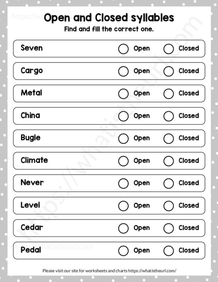 Open and Closed Syllable Sort worksheet for fourth grade literacy lesson 15 Fourth grade student completing an open and closed syllable sort worksheet activity 15