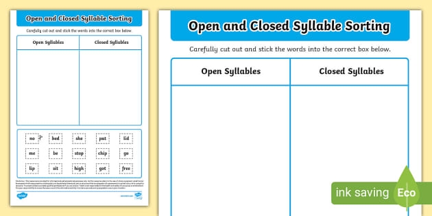Open and Closed Syllable Sort Practice Activity for Elementary Learners Fourth grade students sorting and categorizing open and closed syllable words on a worksheet activity