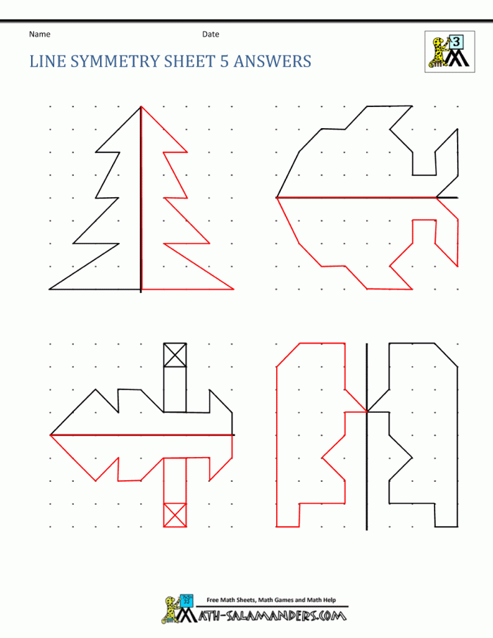 Image of a fourth-grade symmetrical shapes activity worksheet Worksheet featuring six shapes for students to determine symmetry