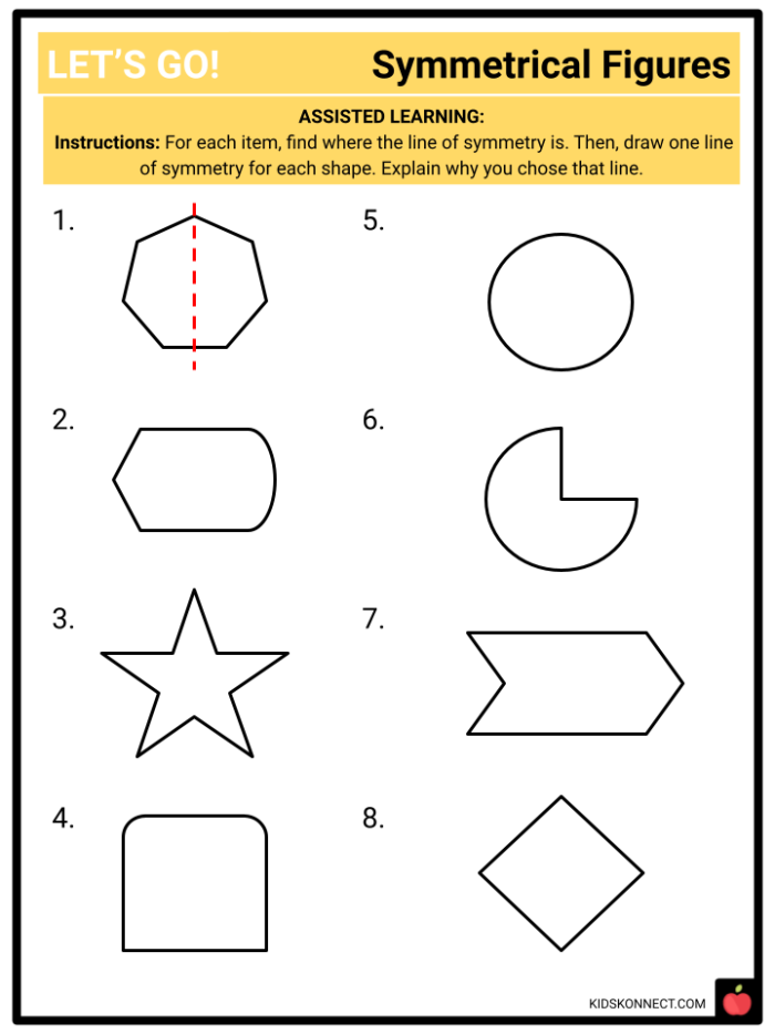 Symmetrical Shapes Assessment for Fourth Graders Worksheet featuring various shapes for kids to determine symmetry