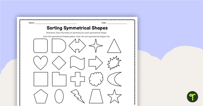 Symmetrical Shapes Worksheet for Fourth Grade Students Worksheet featuring various shapes for students to identify symmetry