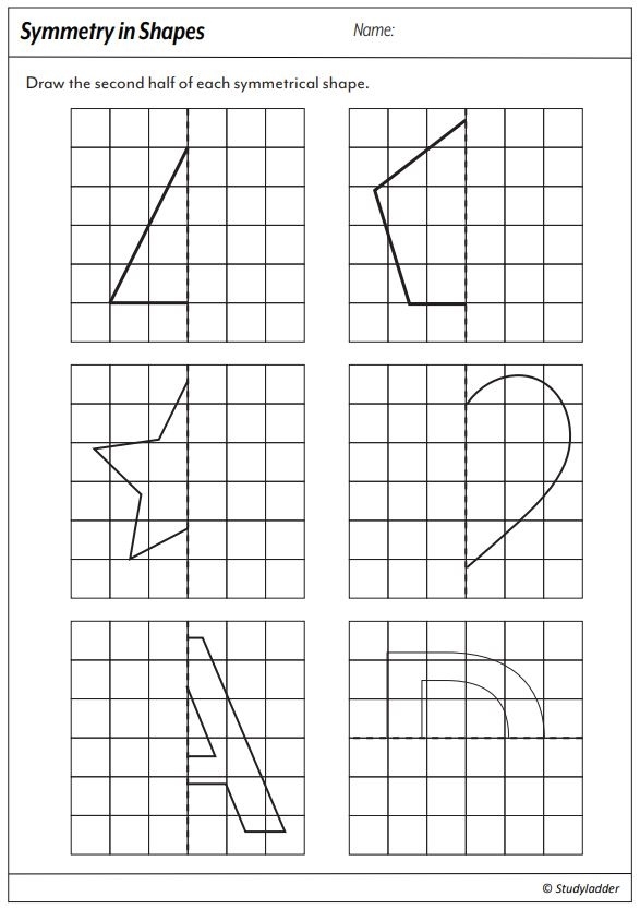 Symmetrical Shapes assessment for fourth graders Worksheet featuring six shapes for students to identify symmetry