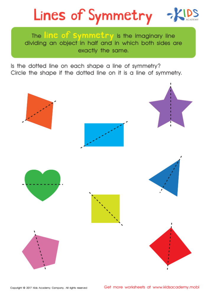 Symmetrical Shapes worksheet for fourth graders Children analyzing shapes for symmetry in a fun worksheet