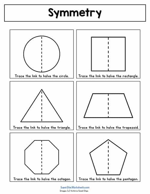 Symmetrical Shapes Worksheet for Fourth Grade Students Children's worksheet for identifying symmetrical and asymmetrical shapes in six examples