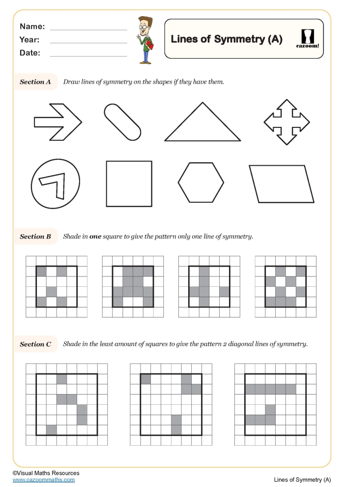 Fourth grade math worksheet featuring nine geometric shapes for students to draw a line of symmetry