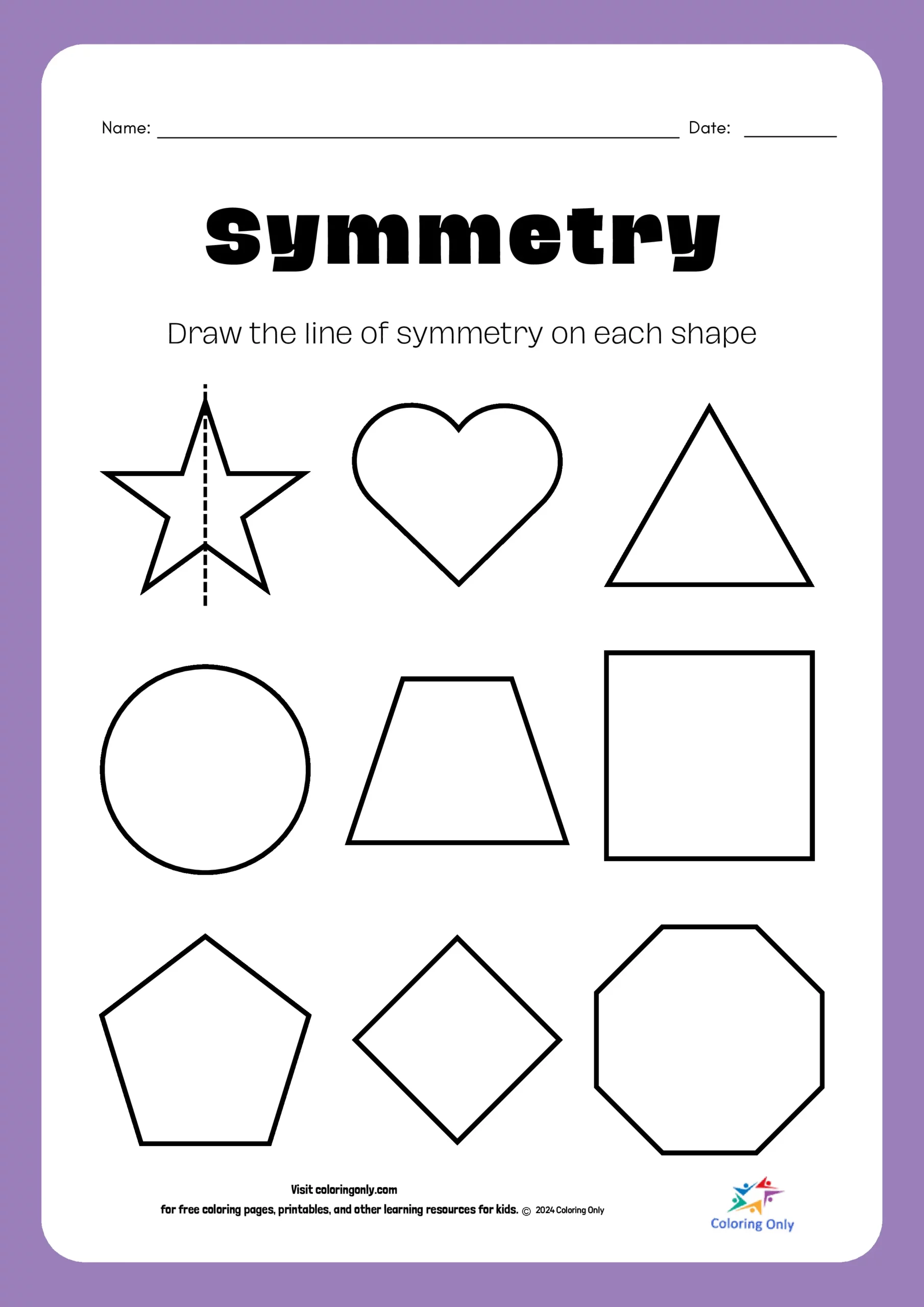 Fourth grade geometry worksheet featuring nine different shapes for students to draw a line of symmetry