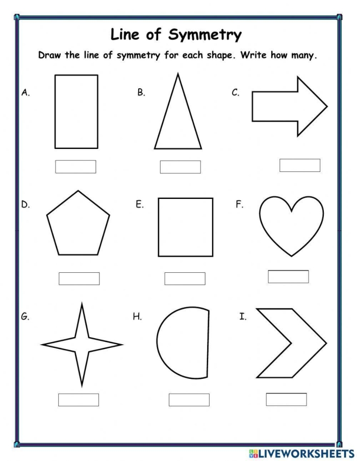 Fourth grade math worksheet featuring nine geometric shapes for students to draw a line of symmetry