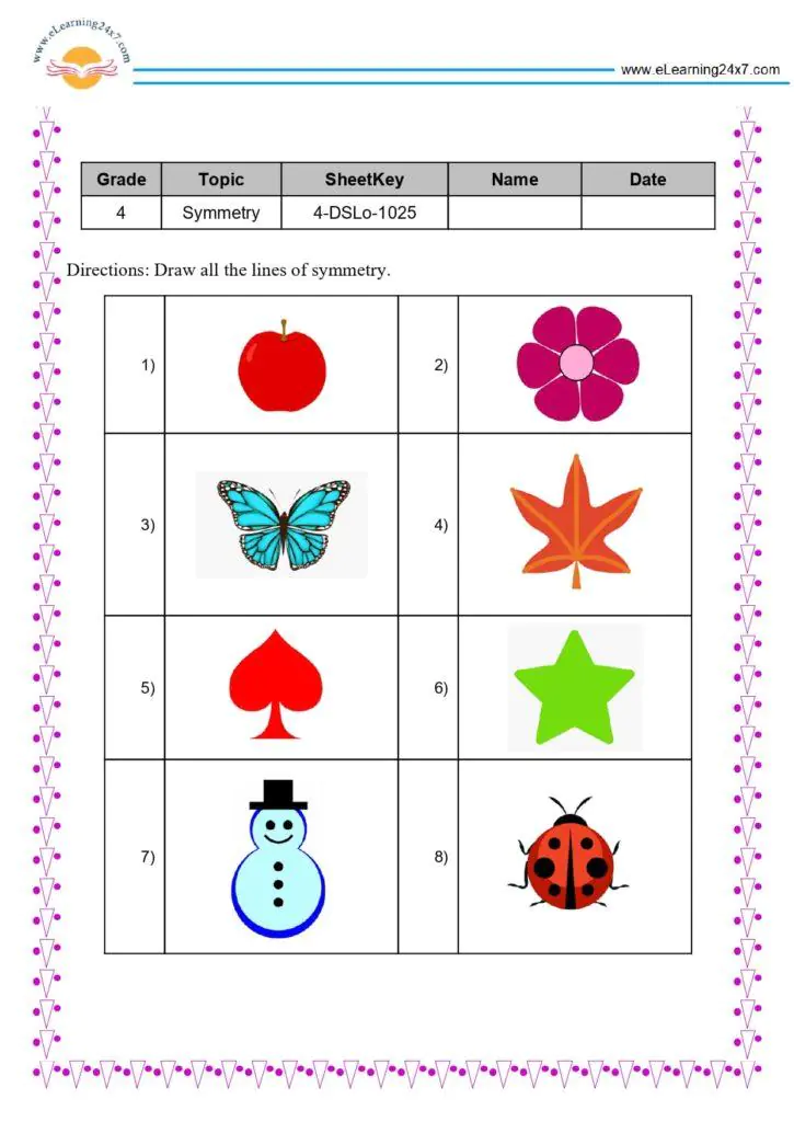 Fourth grade math worksheet featuring nine geometric shapes for students to draw a line of symmetry