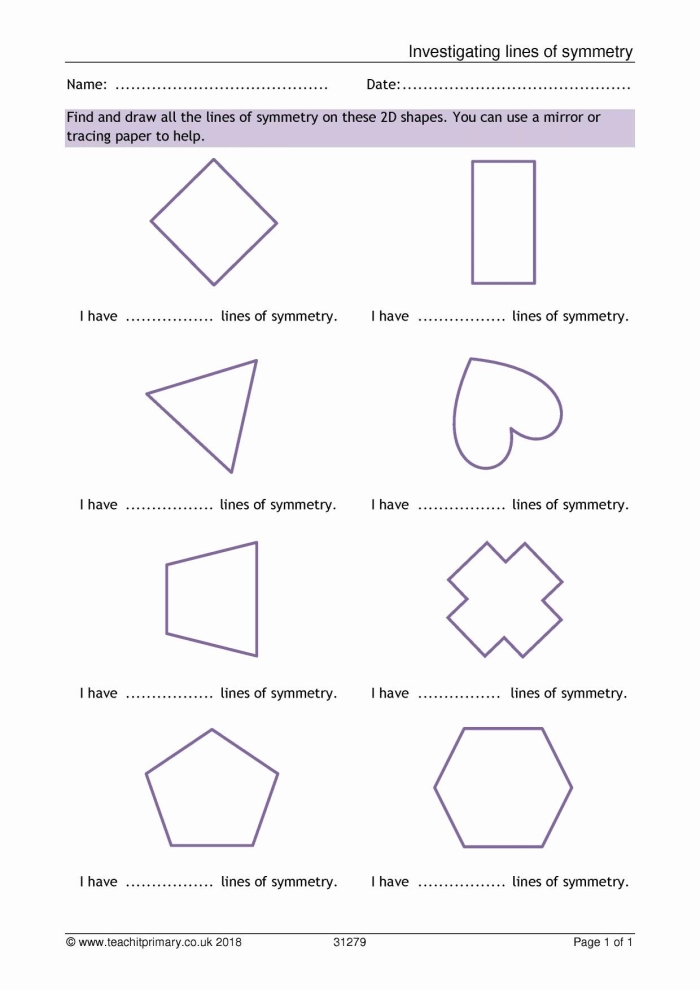 Fourth grade math worksheet featuring nine geometric shapes for students to draw a line of symmetry 17