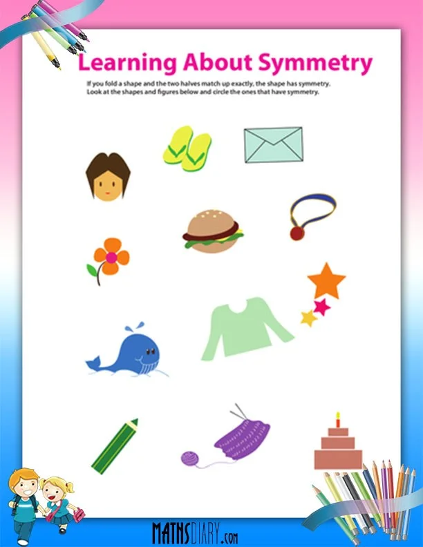 Fourth grade geometry worksheet featuring nine different shapes for students to draw a line of symmetry