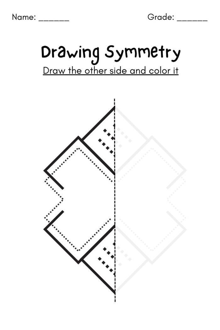Worksheet featuring a variety of shapes for students to find and draw lines of symmetry