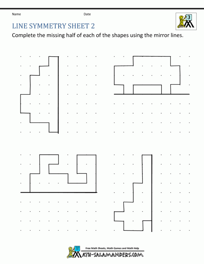 Printable worksheet featuring lines of symmetry for fourth-grade geometry practice