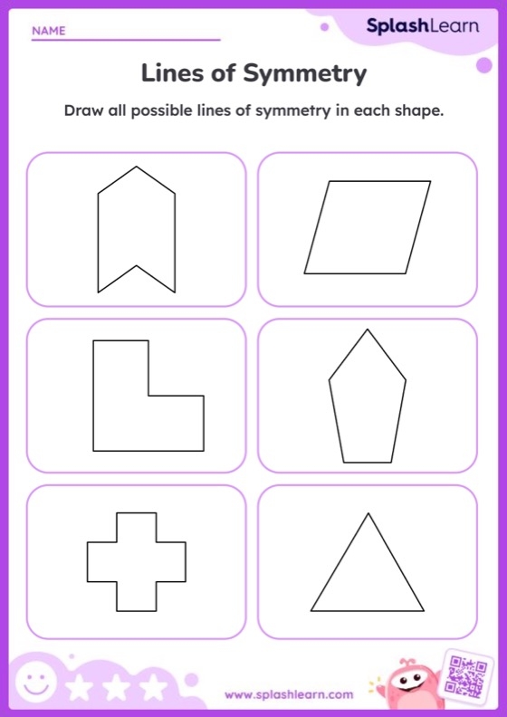 Worksheet for drawing lines of symmetry on various shapes for fourth graders